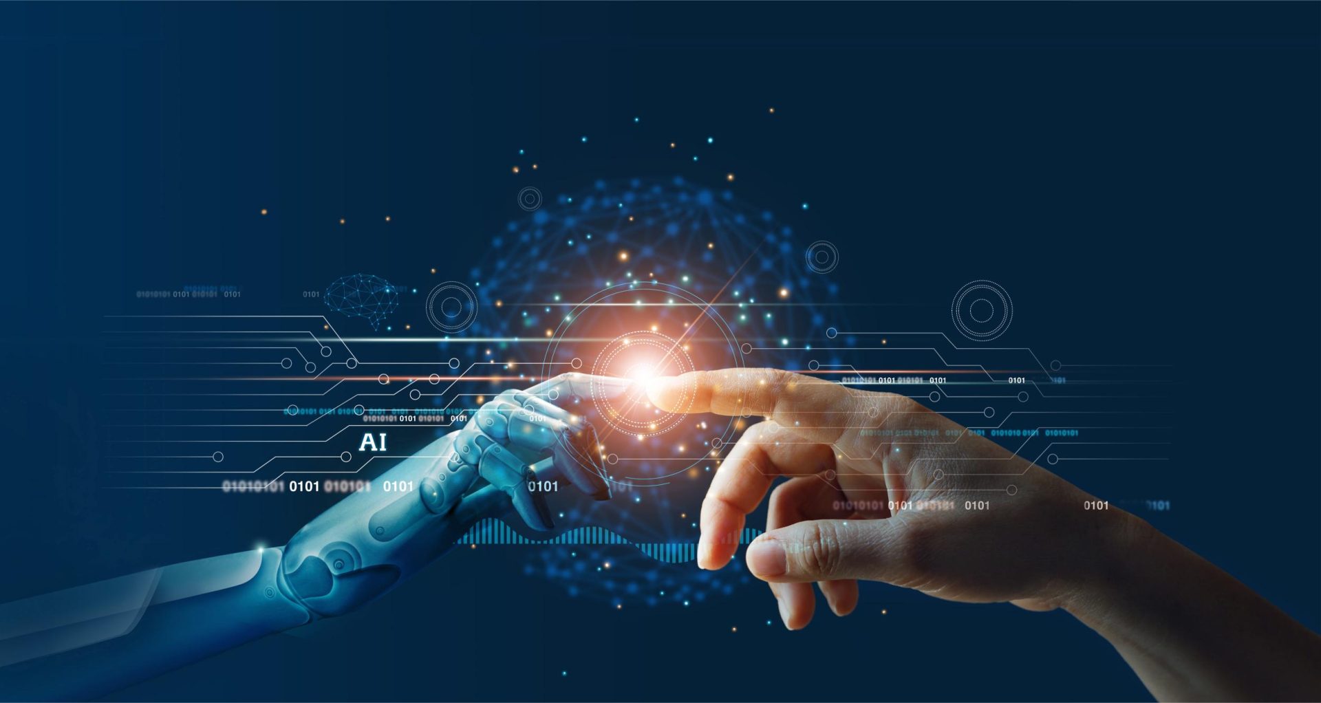 Picture symbolizing the future and AI showing a robot hand touching a human hand